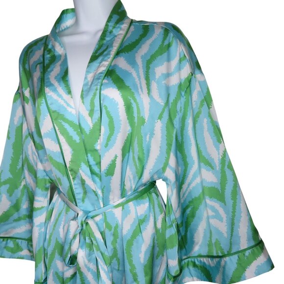 Diane Von Furstenberg Womens Long Robe L Green Blue Zebra Disco Recycled Poly - Picture 7 of 11